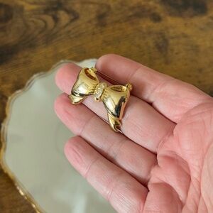 Vintage Goldtone Bow Brooch with Rhinestone Accents Coquette Aesthetic